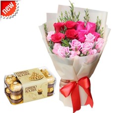 12 Red & Pink Rose Bouquet with Ferrero Chocolate