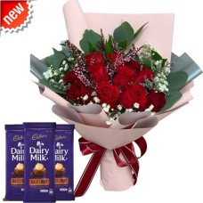 A Dozen Of Red Roses With 3pcs Cadbury Dairy Milk Hazel Nut