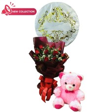 12 Red Rose Bouquet with Small Bear and Balloon