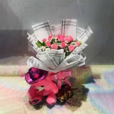 12 Pink Roses with Teddy Bear and Ferrero Rocher