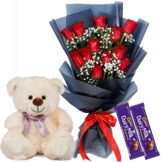1 Dozen Red Rose with Chocolate & Teddy Bear