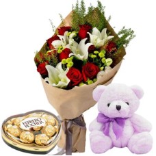 12 Red Roses & 1 Stem Lilies Bouquet, Teddy Bear & Ferrero Heart