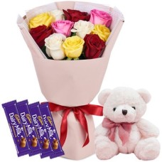 12 Mixed Roses, Teddy Bear & 4pcs Dairy Milk