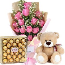 12 Pink Roses with Teddy & Chocolate