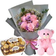 6 Pink Roses Bouquet, Teddy Bear, 16 Ferrero Box