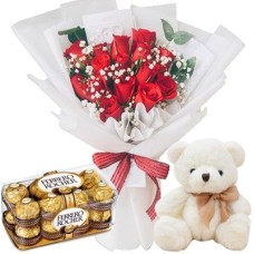 12 Red Roses Bouquet, Teddy Bear & 16 Ferrero Box