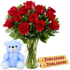 12 Red Roses Vase, Teddy Bear & 2pcs Toblerone Bar