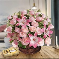 Dreamy Basket (12 Roses + 2 Stems of Liliums)