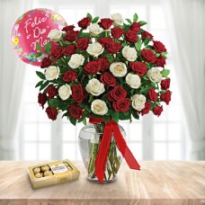 Mom Best Day (12 Red and White Roses + Chocolate Box + Balloon)