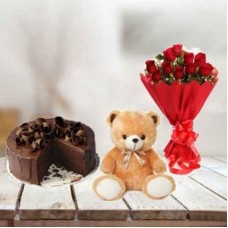 Cake, Flowers And Teddy (1/2 Kg Choco Cake, 12 Red Roses & 6 inch Teddy)