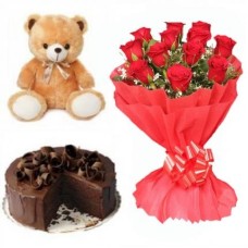Valentine Cake,Teddy, Red Roses (1/2 Kg Chocolate Cake, 6 inch Teddy & 12 Red Roses)