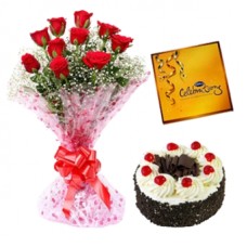 Black Forest Cake, Chocolate And Red Roses (1 Kg Black forest Cake, Cadbury Celebration Chocolate and 12 Red Roses)