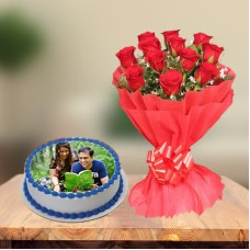Photo Cake and  Red Roses (1 Kg Cake & 12 Red Roses)
