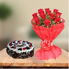 Black Forest Gateau Cake and  Red Roses (1 Kg Cake & 12 Red Roses)
