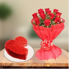 Red Velvet Heart Cake and  Red Roses (1 Kg Cake & 12 Red Roses)