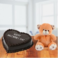 Valentine Chocolate Heart Cake and Teddy Bear (Valentine Heart Cake 1 Kg and 6 Inch Teddy Bear)