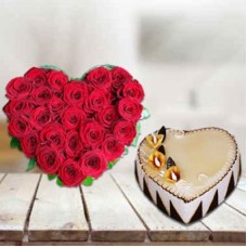 Heart Shape Cake and  Flowers (1 Kg Butter Scotch Cake,24 Red Roses)