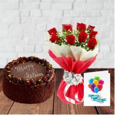 Birthday Delight Combo (12 Exclusive Red Roses Bouquet with 1/2 Kg Chocolate Cake and a Greeting Card)