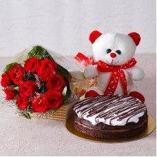 Valentine Chocolaty Love Combo (6 Red Roses, 1/2 Kg Chocolate cake & 6 Inch Teddy)