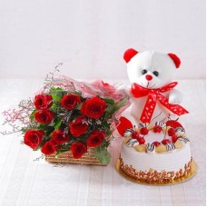 Valentine Tutti frutti Combo (12 Red Roses, 1/2 Kg Pineapple cake & 6 Inch Teddy)