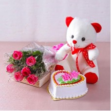 Valentine Vanilla Love Combo (12 Pink Roses, 1/2 Kg Vanilla cake & 6 Inch Teddy)