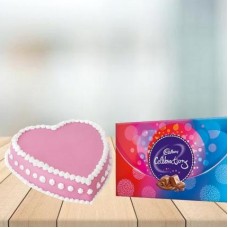 Heart Shape Strawberry Cake with Cadbury Celebration Combo (1 Kg Heart Shape Strawberry Cake and Cadbury Celebration (118 gm))