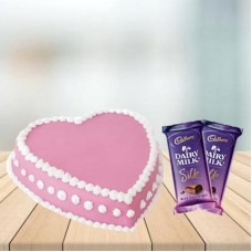 Heart Shape Strawberry Cake with Cadbury Silk Combo (1/2 kg Heart Shape Strawberry Cake With 5 Cadbury Dairy Milk Silk (60 gm))