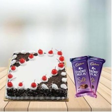 Square Black Forest Cake with Cadbury Silk Combo (1/2 kg Square Black Forest cake With 5 Cadbury Dairy Milk Silk (60 gm))