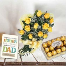 Roses with Chocolate & Card (12 Yellow Roses, 16 pc Ferrero Rocher & Card)
