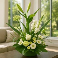 White floral arrangement with a modern look (Medium modern style floral arrangement with white tones)
