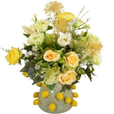 Artificial flowers in a lemon vase (Artificial flower bouquet soft yellow white green)