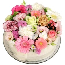 Pink white pastel flower cake (Medium pink and white pastel floral cake on a glass plate)