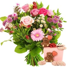 Born bouquet girl + born chocolate (Small Seasonal bouquet in pink shades + 140 grams of birth chocolate)