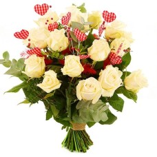 Bouquet of white roses + feathers with hearts (Box 10 white roses + 3 red feather hearts)