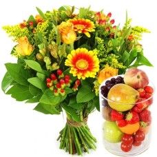 Yellow-orange bouquet + glass vase with fruit (Glass vase filled with Fruit (no. 10) + Medium bouquet orange - yellow)