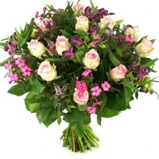 Pink roses and flowers (Bouquet of medium pink roses and pink flowers)