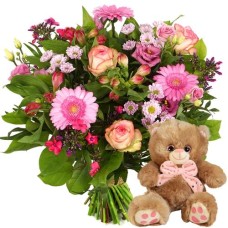 Pink bouquet + teddy bear (Medium Birth bouquet + birth cuddly toy with pink bow)