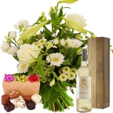Hand-picked bouquet white + white wine + chocolate (Medium white hand-picked bouquet + Marked White wine + 300 grams of sweets)