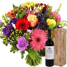 Colorful bouquet + bottle of red wine (Medium bouquet  colorful brightly colored + Spanish bottle of red wine Marques)
