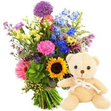 Picked flowers + teddy bear (Medium Picked bouquet + small light brown stuffed animal)