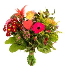 Colorful bouquet of flowers with hearts (Small colorful box brightly colored + hearts)