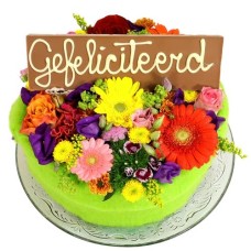 Congratulations Flower Cake (Medium multicolored flower cake with a congratulations chocolate bar on a glass plate)