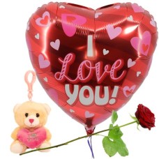 Heart helium balloon I love you + plush keychain + red rose (I love you balloon + plush keychain with pink heart + fresh red rose)