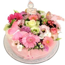 Birth of a baby girl flower cake (Birth girl flower cake medium on a glass plate)