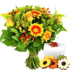 Bouquet of orange gel + chocolate flowers (Goed bezig box small + 140 grams of chocolate flowers)