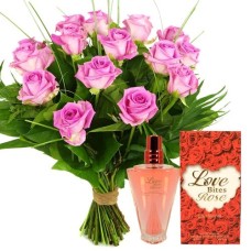 Rose roses + rose perfume (Box 10 pink rose include foliage + bottle of rose-scented perfume)