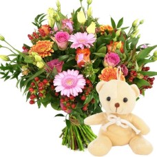 Orange pink bouquet + teddy bear (Medium Bouquet + small teddy bear)