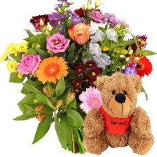 Get well soon bouquet + hug (Get well soon bouquet small colorful + get well soon cuddly toy)