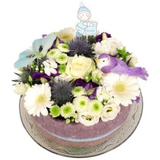 Birth of a boy flower cake (Baby boy flower cake medium on a glass base plate)