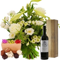 Hand-picked bouquet white + red wine + chocolate (Medium white hand-picked bouquet + Marked Red wine + 300 grams of candy)